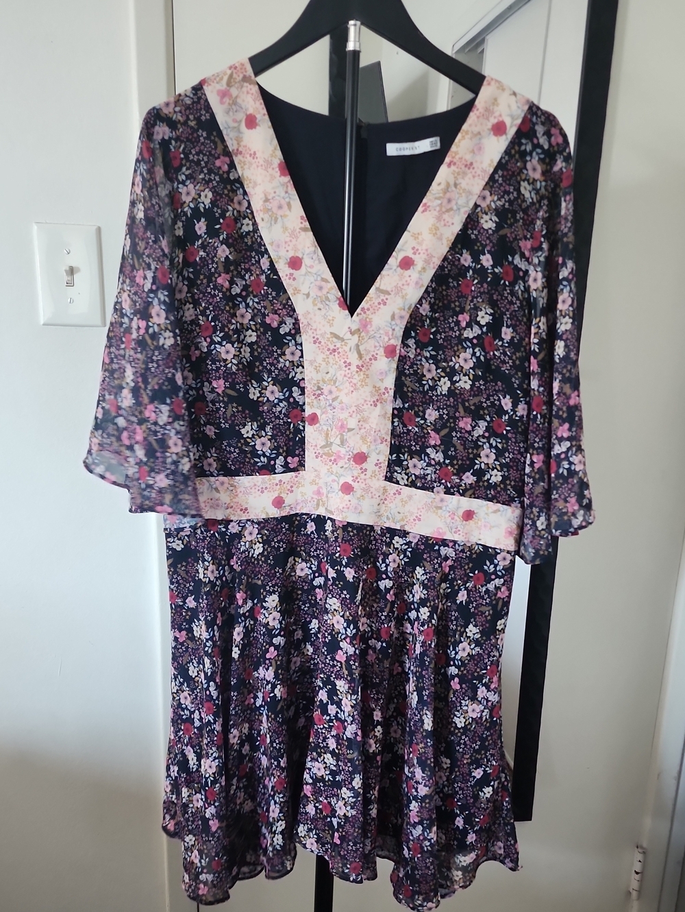 Cooper St Floral Contrast Trim V-Neck Mini Dress Black Pink Boho Size 12